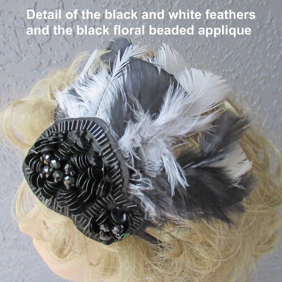 Fascinator / Headband, Black beads + black & white feathers on narrow black band - Picture 3 of 14